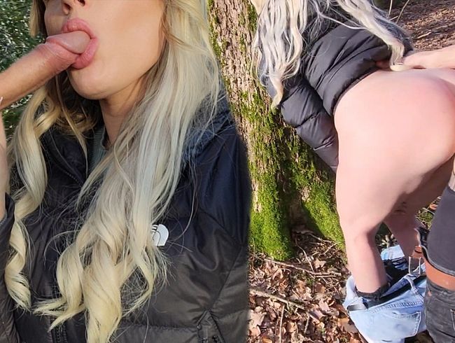 Spontaner Outdoor Fick im Wald mit süßer Blondine in Daunenjacke | Großer Cumshot